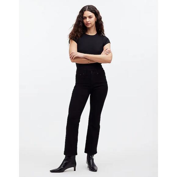 Madewell Mid Rise Kick Out Crop Jeans Black Flare Stretch Minimalist US 23 NWT - Picture 1 of 16